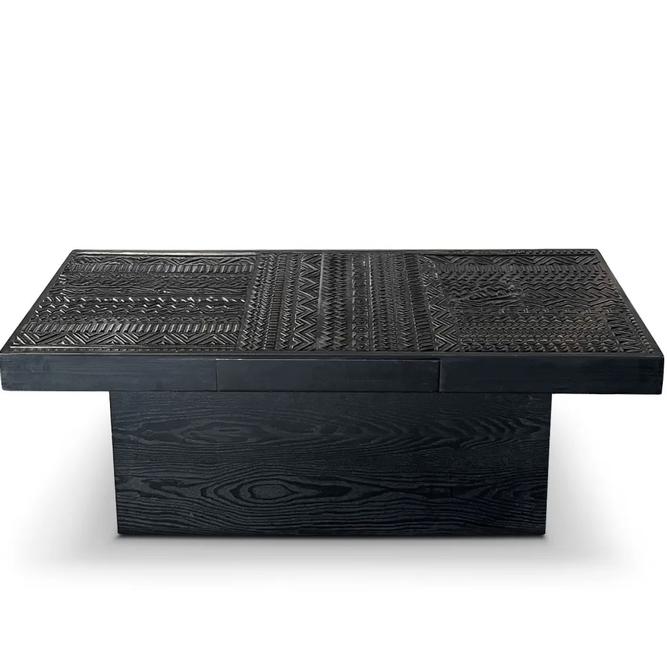 Table rectangulaire style ethnique 60x120cm Kinshasa 2 tiroirs Bois Noir
