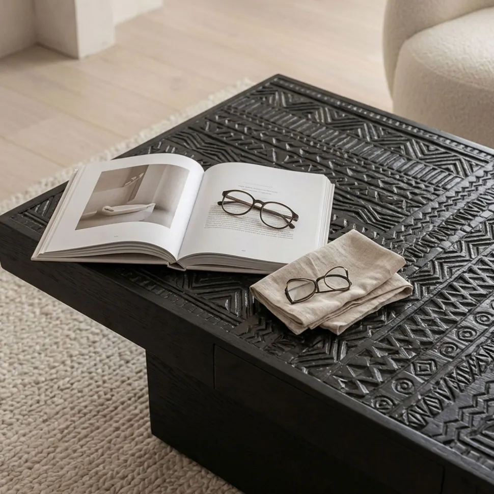 Table rectangulaire style ethnique 60x120cm Kinshasa 2 tiroirs Bois Noir