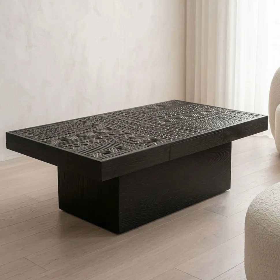 Table rectangulaire style ethnique 60x120cm Kinshasa 2 tiroirs Bois Noir