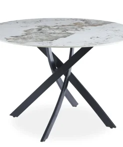 Table ronde Bangui 120cm Céramique effet marbre Blanc et pieds croisés Métal Noir