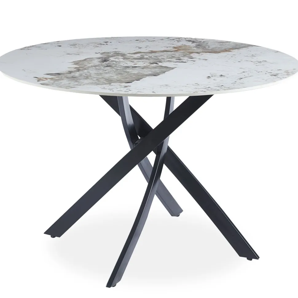 Table ronde Bangui 120cm Céramique effet marbre Blanc et pieds croisés Métal Noir