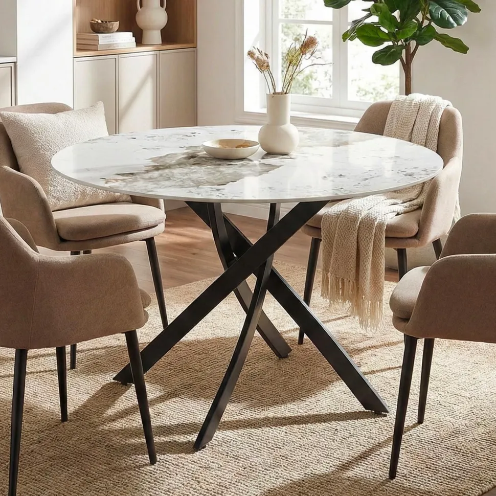 Table ronde Bangui 120cm Céramique effet marbre Blanc et pieds croisés Métal Noir