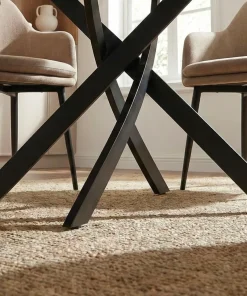 Table ronde Bangui 120cm Céramique effet marbre Blanc et pieds croisés Métal Noir