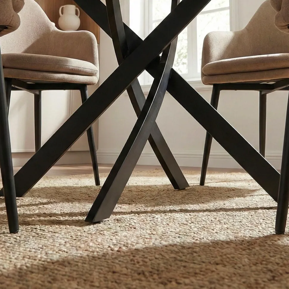 Table ronde Bangui 120cm Céramique effet marbre Blanc et pieds croisés Métal Noir