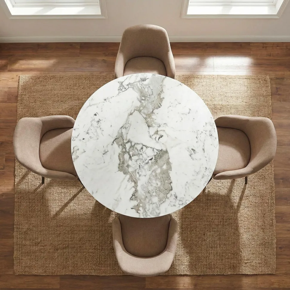 Table ronde Bangui 120cm Céramique effet marbre Blanc et pieds croisés Métal Noir