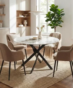Table ronde Bangui 120cm Céramique effet marbre Blanc et pieds croisés Métal Noir