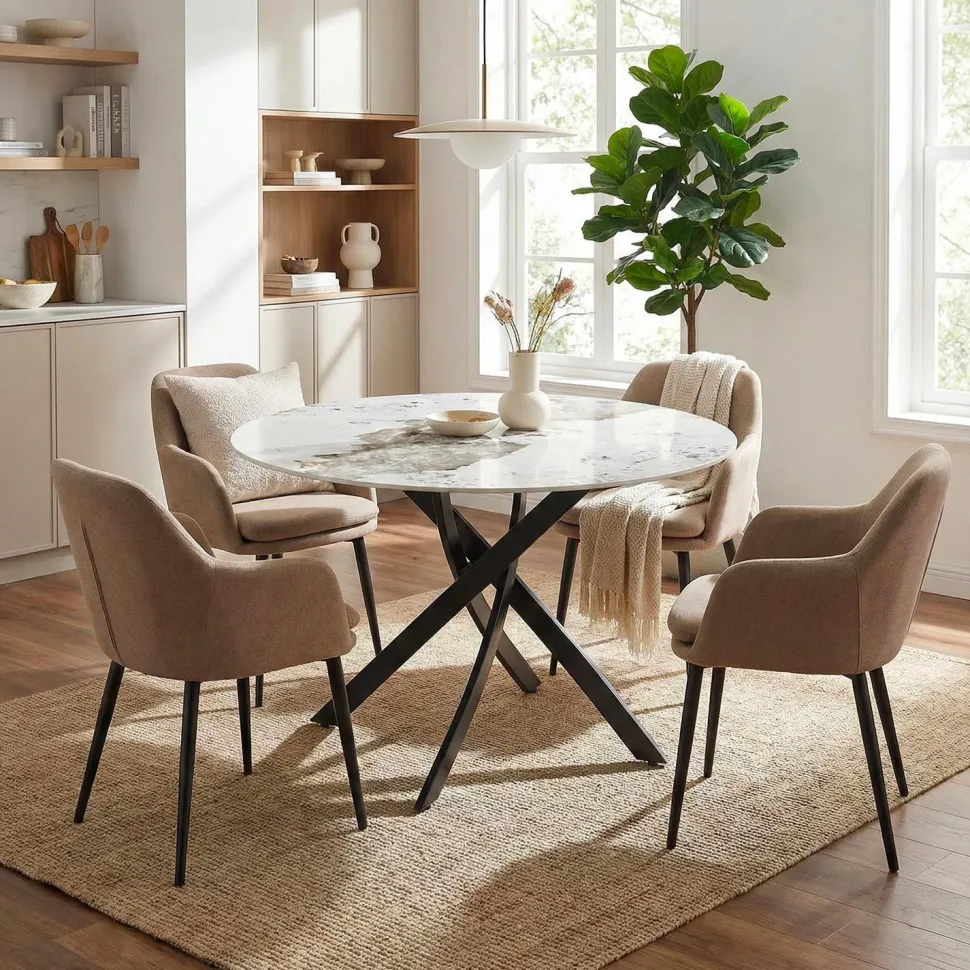 Table ronde Bangui 120cm Céramique effet marbre Blanc et pieds croisés Métal Noir