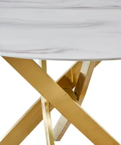 Table ronde Corix Verre effet Marbre Blanc et pieds Or