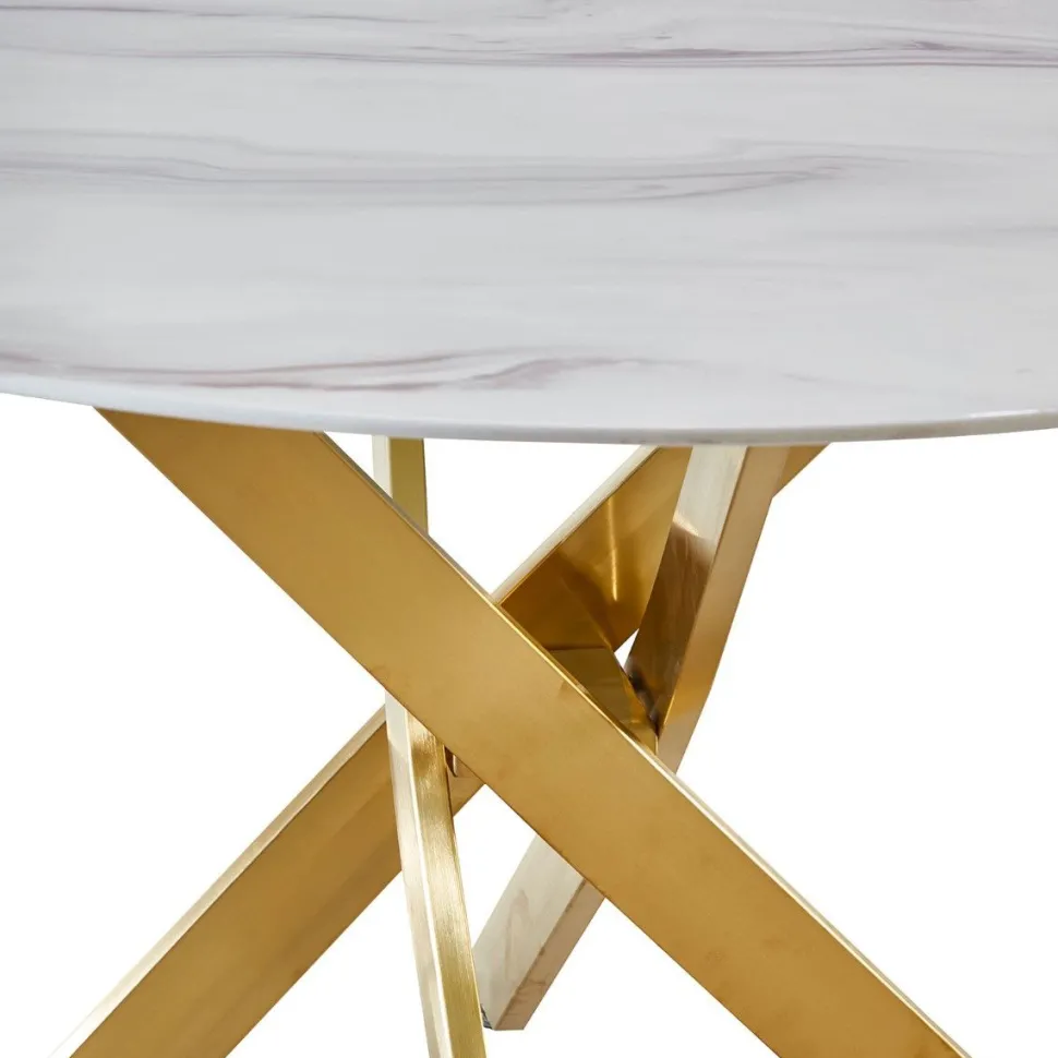 Table ronde Corix Verre effet Marbre Blanc et pieds Or