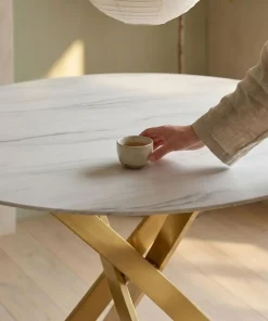 Table ronde Corix Verre effet Marbre Blanc et pieds Or