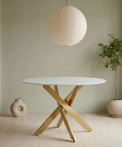 Table ronde Corix Verre effet Marbre Blanc et pieds Or