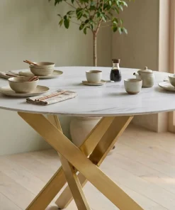 Table ronde Corix Verre effet Marbre Blanc et pieds Or