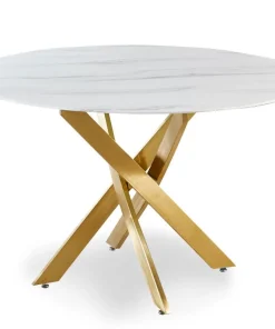 Table ronde Corix Verre effet Marbre Blanc et pieds Or
