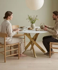 Table ronde Corix Verre effet Marbre Blanc et pieds Or