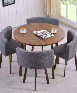 Table ronde et chaises Riga Chêne Foncé et Tissu Gris