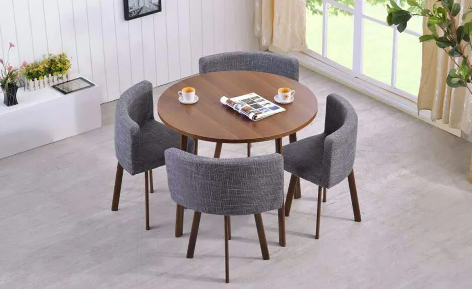 Table ronde et chaises Riga Chêne Foncé et Tissu Gris