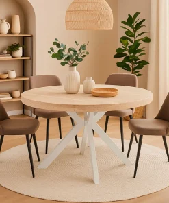 Table ronde extensible 110-260cm Myriade Effet travertin Beige et Blanc