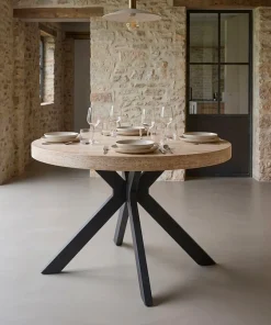Table ronde extensible 110-260cm Myriade Effet travertin Beige et Noir