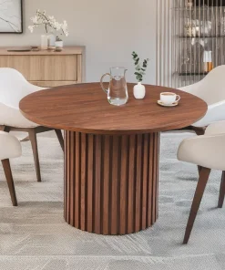 Table ronde extensible pied central style colonne Burkina 120-160cm Bois Noisette