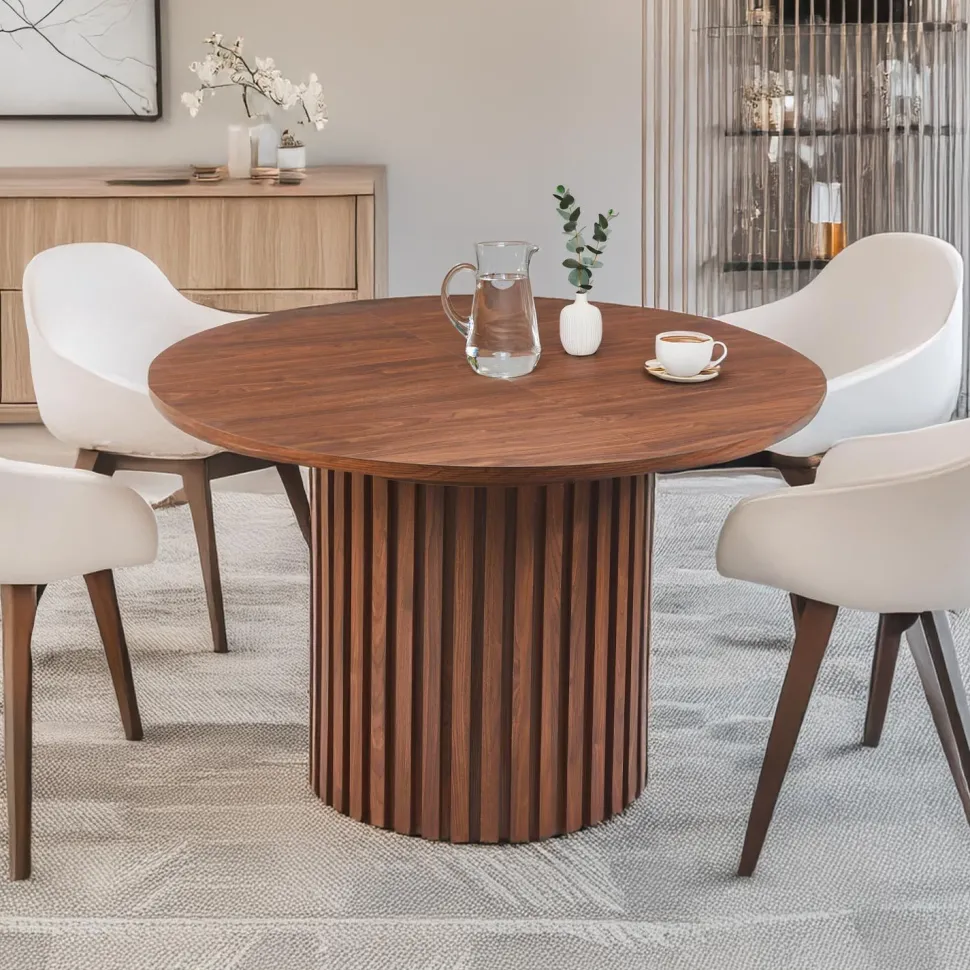 Table ronde extensible pied central style colonne Burkina 120-160cm Bois Noisette