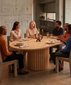 Table ronde extensible pied central style colonne Burkina 120-160cm Effet travertin Beige