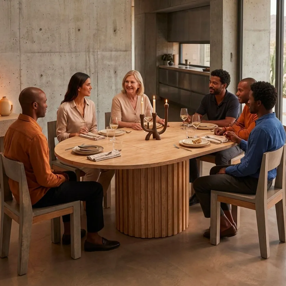 Table ronde extensible pied central style colonne Burkina 120-160cm Effet travertin Beige
