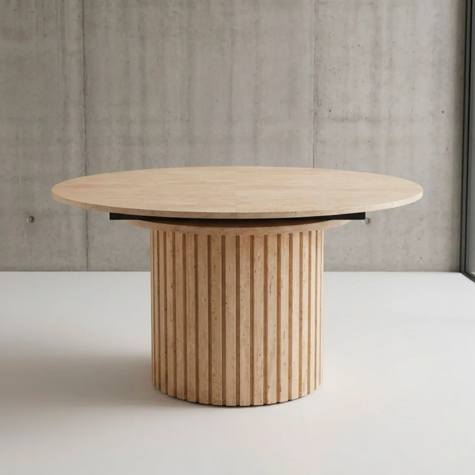 Table ronde extensible pied central style colonne Burkina 120-160cm Effet travertin Beige
