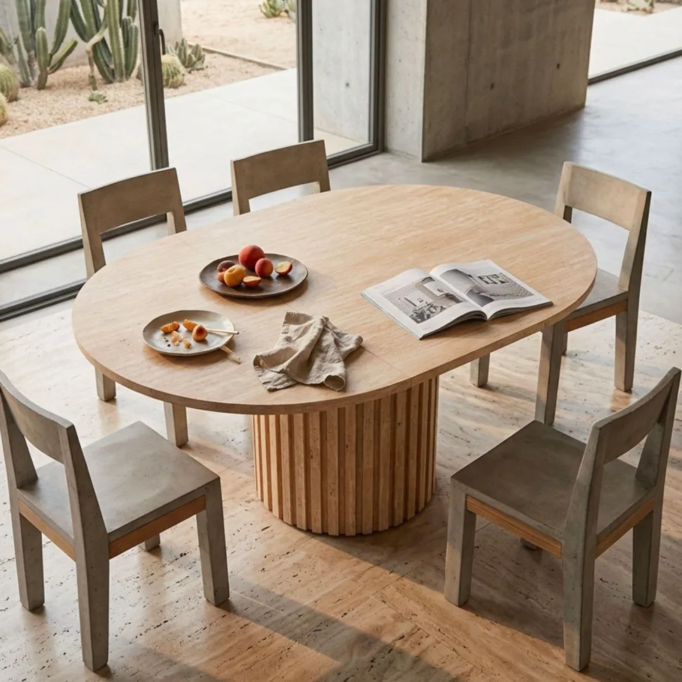 Table ronde extensible pied central style colonne Burkina 120-160cm Effet travertin Beige