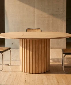 Table ronde extensible pied central style colonne Burkina 120-160cm Effet travertin Beige