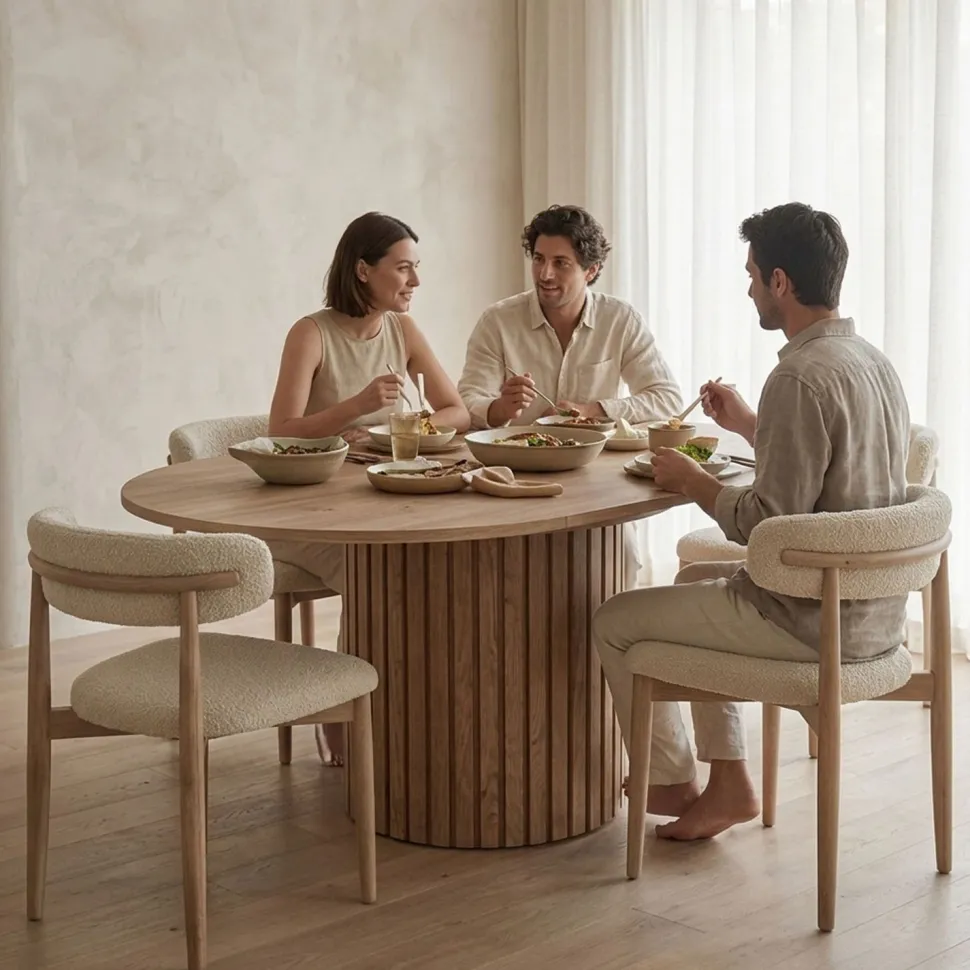 Table ronde extensible pied central style colonne Burkina 120-160cm Bois Sonoma