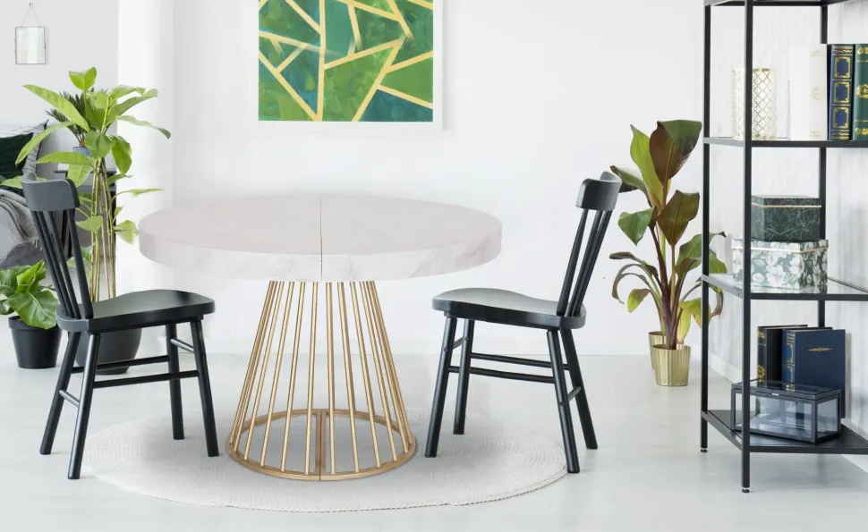 Table ronde extensible Soare Effet Marbre pieds Or