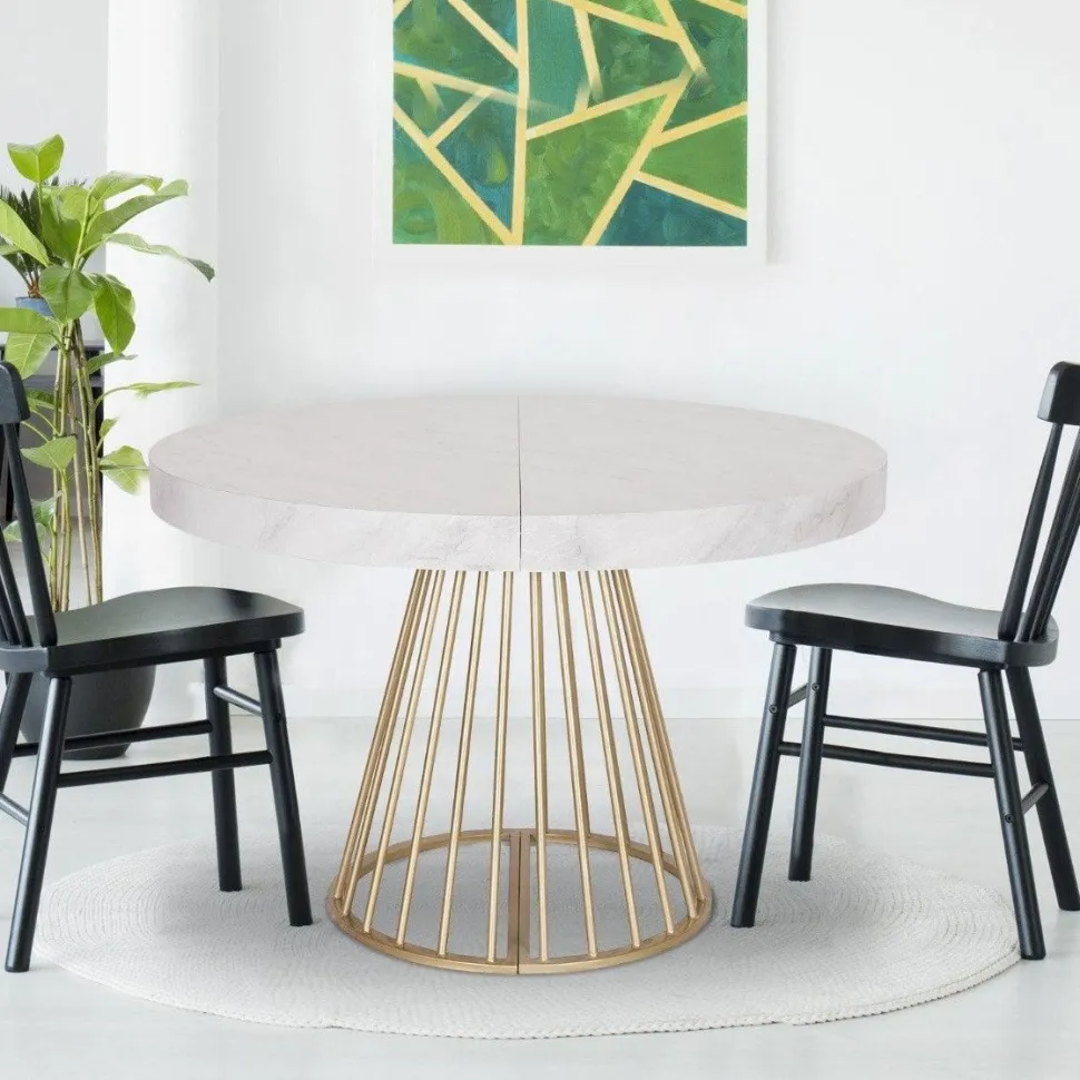 Table ronde extensible Soare Effet Marbre pieds Or