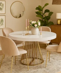 Table ronde extensible Soare Blanc pieds Or