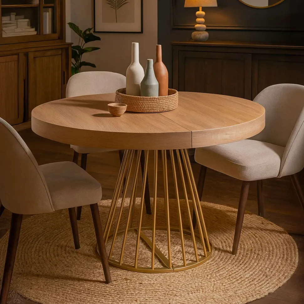 Table ronde extensible Soare Chêne Clair pieds Or