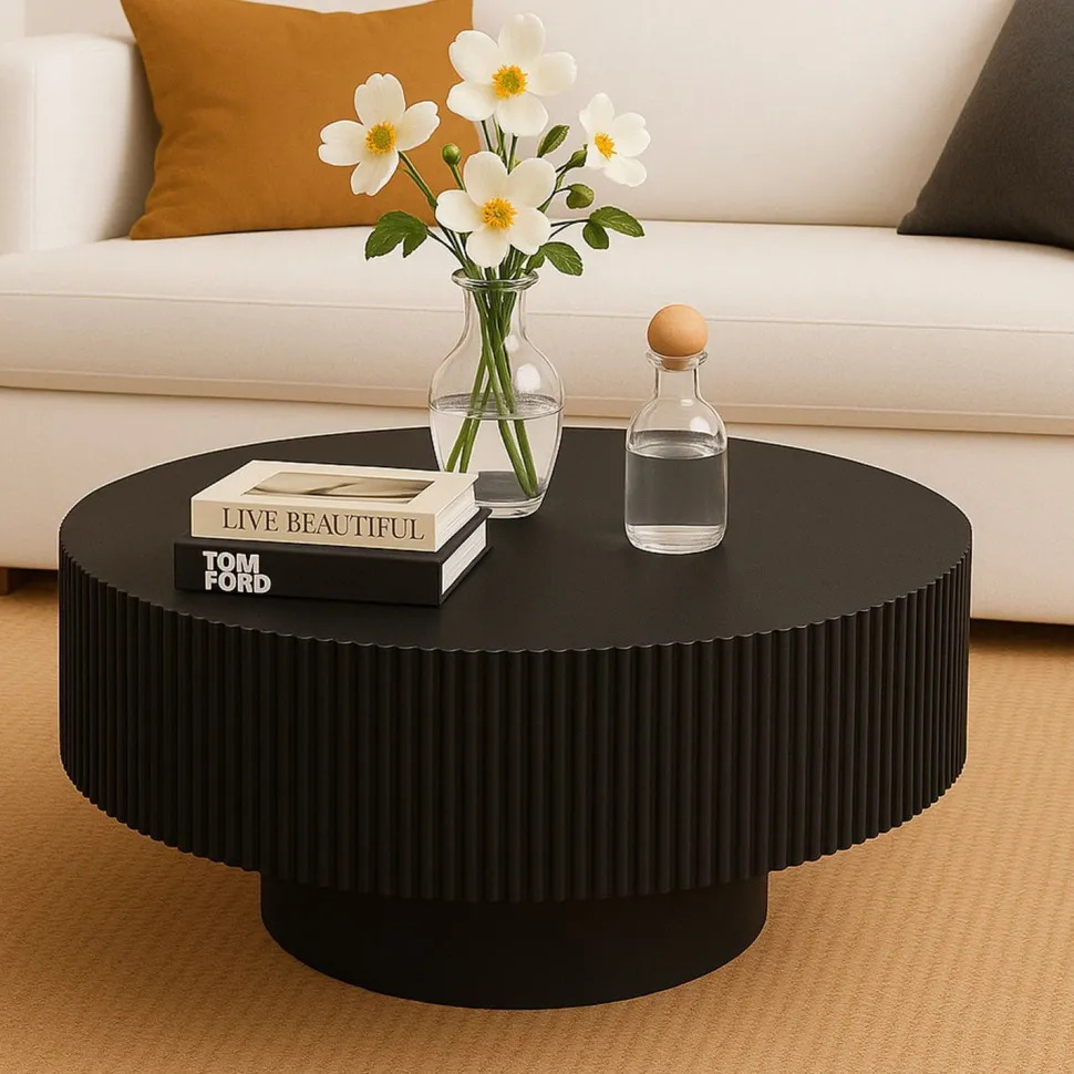 Table ronde L78,5cm avec rainures verticales scuptées Pulsar Noir