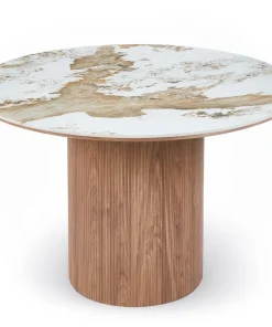 Table ronde moderne 120cm Églantine Céramique effet marbre blanc et pied colonne strié