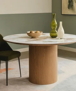 Table ronde moderne 120cm Églantine Céramique effet marbre blanc et pied colonne strié