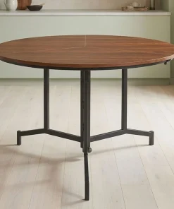 Table ronde pliable gain de place Cokelio 120cm Métal et plateau 3 parties Bois Noisette