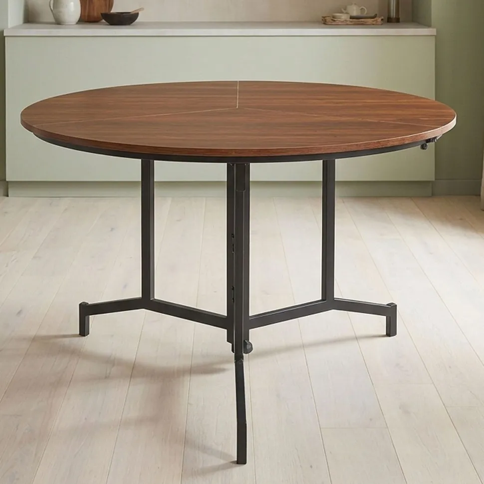 Table ronde pliable gain de place Cokelio 120cm Métal et plateau 3 parties Bois Noisette