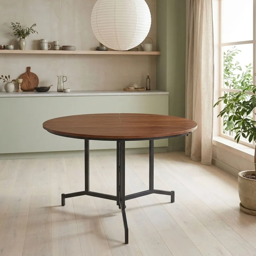 Table ronde pliable gain de place Cokelio 120cm Métal et plateau 3 parties Bois Noisette