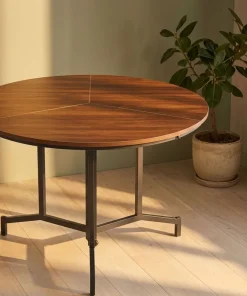 Table ronde pliable gain de place Cokelio 120cm Métal et plateau 3 parties Bois Noisette