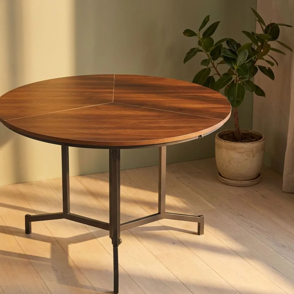 Table ronde pliable gain de place Cokelio 120cm Métal et plateau 3 parties Bois Noisette