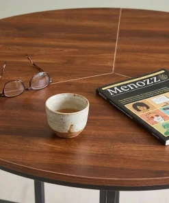 Table ronde pliable gain de place Cokelio 120cm Métal et plateau 3 parties Bois Noisette