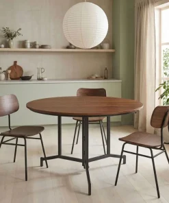 Table ronde pliable gain de place Cokelio 120cm Métal et plateau 3 parties Bois Noisette