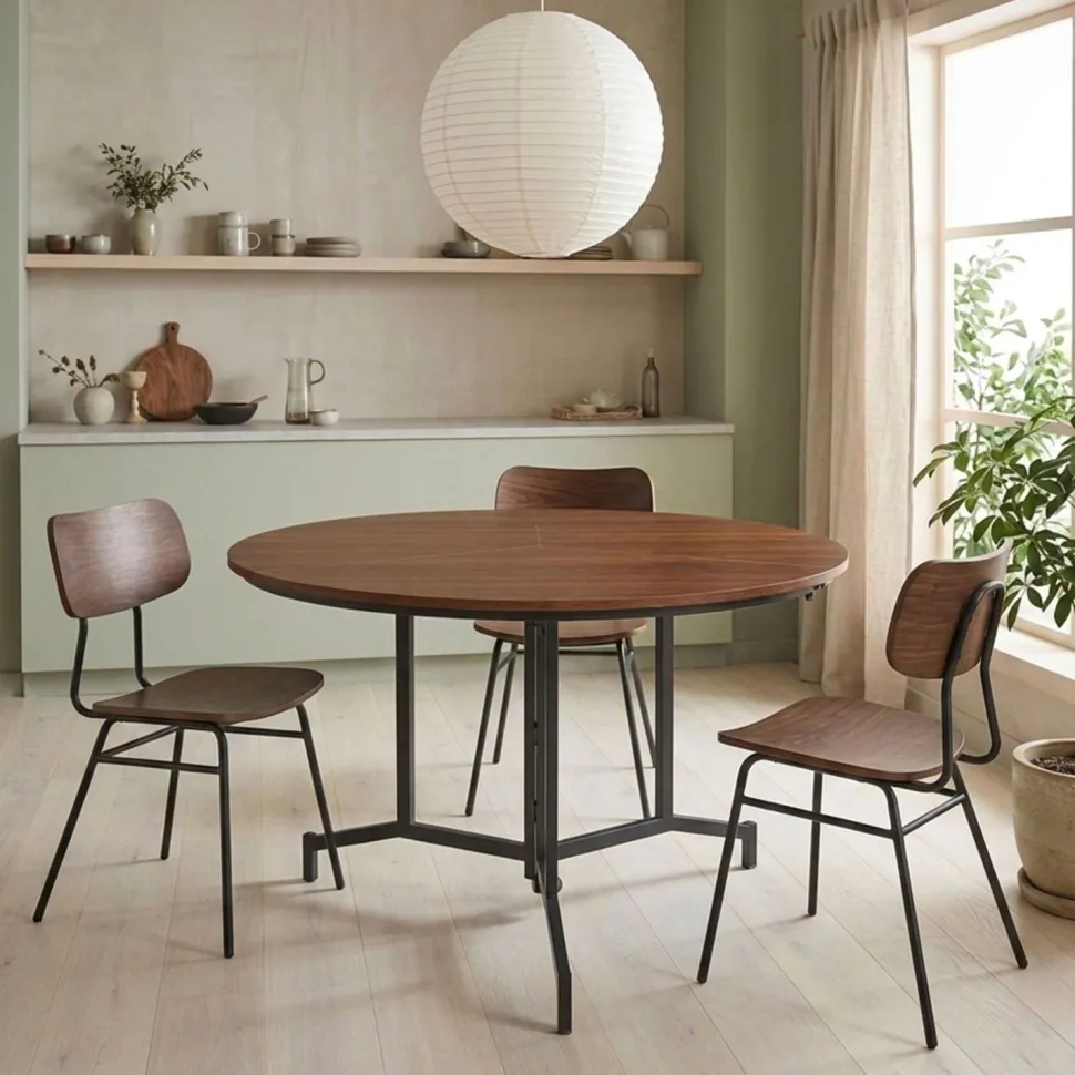 Table ronde pliable gain de place Cokelio 120cm Métal et plateau 3 parties Bois Noisette