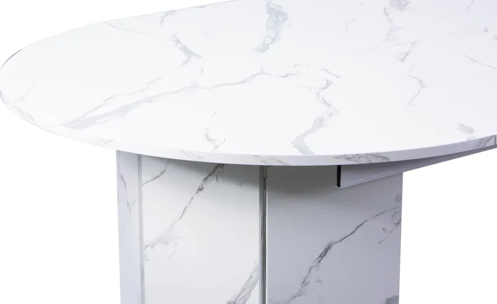 Table ronde style japandi extensible 310cm Tulipa rallonges intégrées Effet marbre Blanc