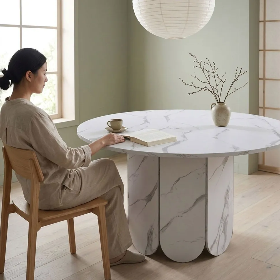 Table ronde style japandi extensible 310cm Tulipa rallonges intégrées Effet marbre Blanc