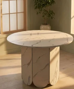 Table ronde style japandi extensible 310cm Tulipa rallonges intégrées Effet marbre Blanc