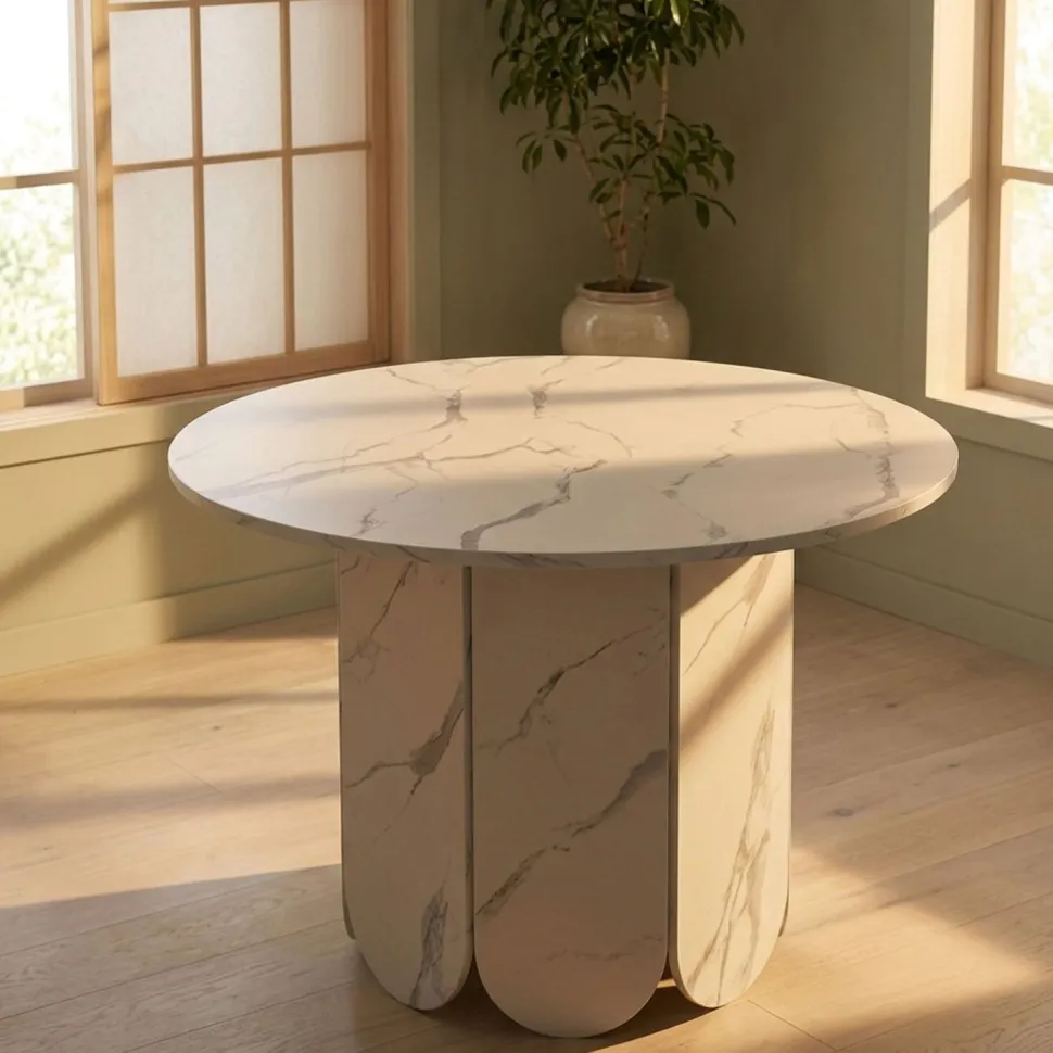 Table ronde style japandi extensible 310cm Tulipa rallonges intégrées Effet marbre Blanc