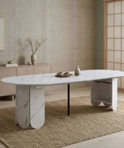 Table ronde style japandi extensible 310cm Tulipa rallonges intégrées Effet marbre Blanc